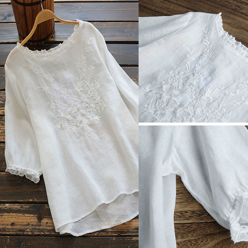 Buddha Stonesレディース フラワー刺繍デザイン クルーネック Tシャツ - image 3