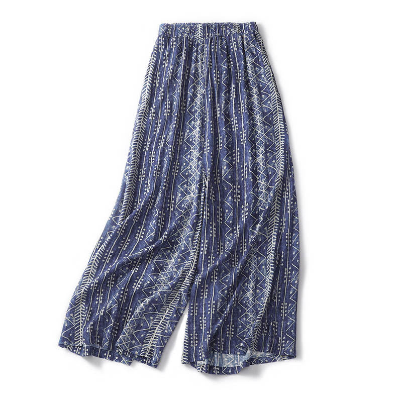 Buddha Stonesブルーストライププリント コットンリネン ワイドレッグパンツ ポケット付き - image 3