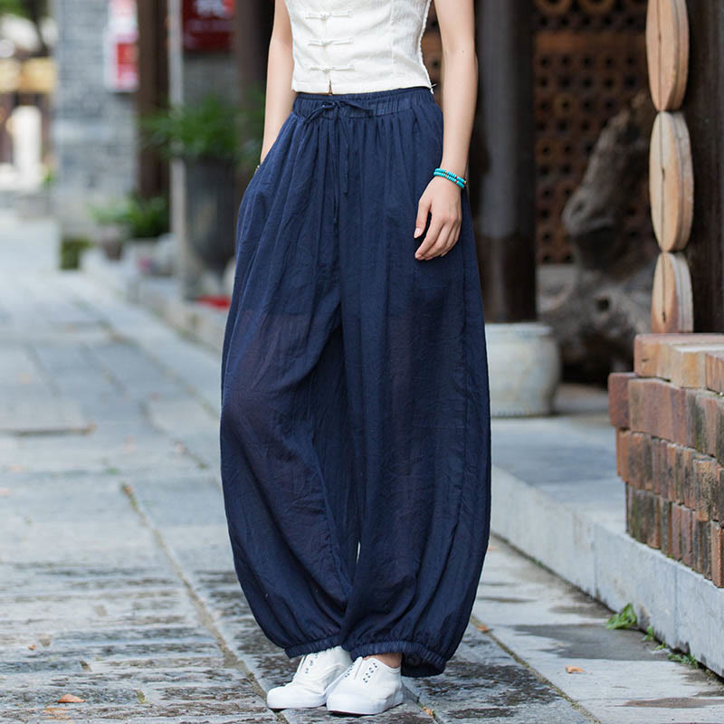 Buddha Stonesサマー 無地 リネン ドローストリング パンツ ポケット付き - スティールブルー - US4-6、 UK/AU8-10、 EU36-38 (F) - image 0