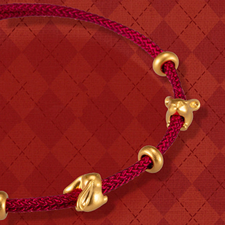 Buddha Stones999ゴールド 小さな幸運のウサギとキンモクセイのデザイン 手作りの幸運編みロープブレスレット - ダブルラッキーラビットと3つのゴールドビーズ（金約0.58g） - 21cm - image 8