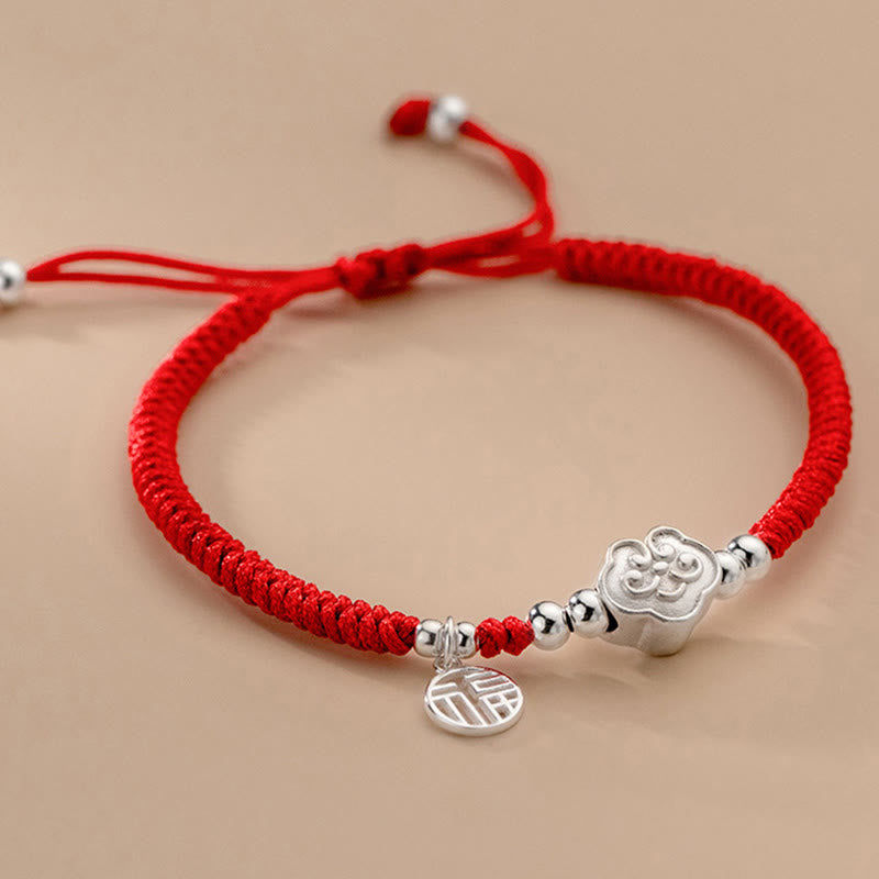 Buddha Stonesハンドメイド925スターリングシルバーフーキャラクター縁起の良い雲の祝福編みロープブレスレット - image 1
