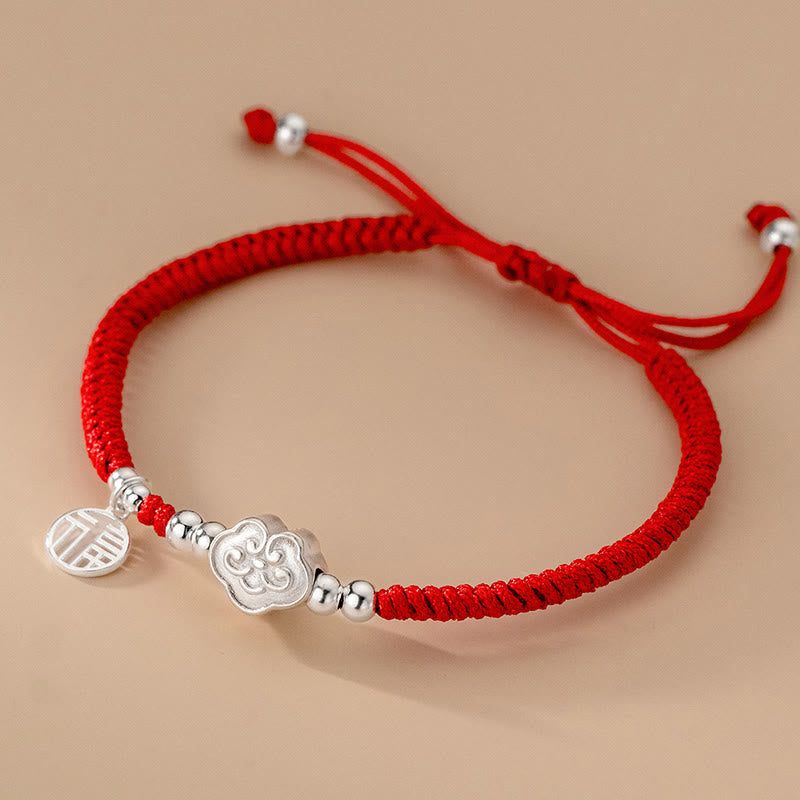 Buddha Stonesハンドメイド925スターリングシルバーフーキャラクター縁起の良い雲の祝福編みロープブレスレット - 福の文字入り赤紐（手首周り14～22cm） - image 0