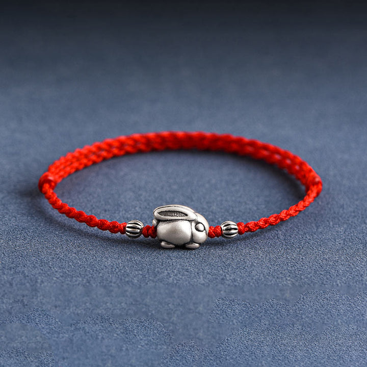 Buddha Stonesハンドメイド999スターリングシルバーウサギ幸運ロープブレスレットアンクレット - 大きなウサギのアンクレット（周囲18～30cm） - 赤 - image 0