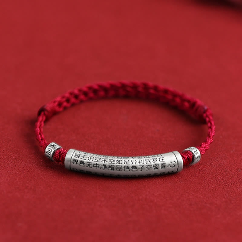 Buddha Stonesハンドメイド 999 スターリングシルバーオーム・マニ・パドメ・フム般若心経 彫刻 幸運 ロープ ブレスレット アンクレット - アンクレット（周囲18～30cm） - 濃い赤色 - image 0