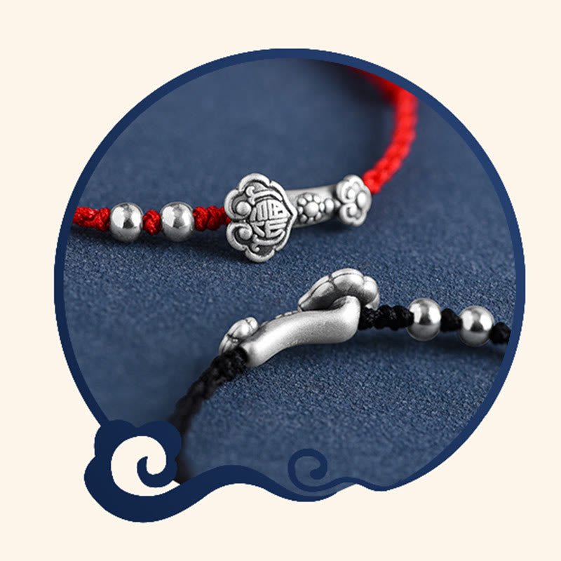 Buddha Stonesハンドメイド999スターリングシルバーフーキャラクターウィッシュ如意ハンドル幸運ロープブレスレットアンクレット