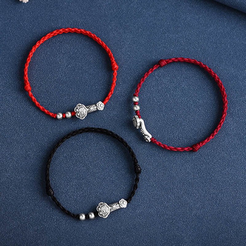 Buddha Stonesハンドメイド999スターリングシルバーフーキャラクターウィッシュ如意ハンドル幸運ロープブレスレットアンクレット