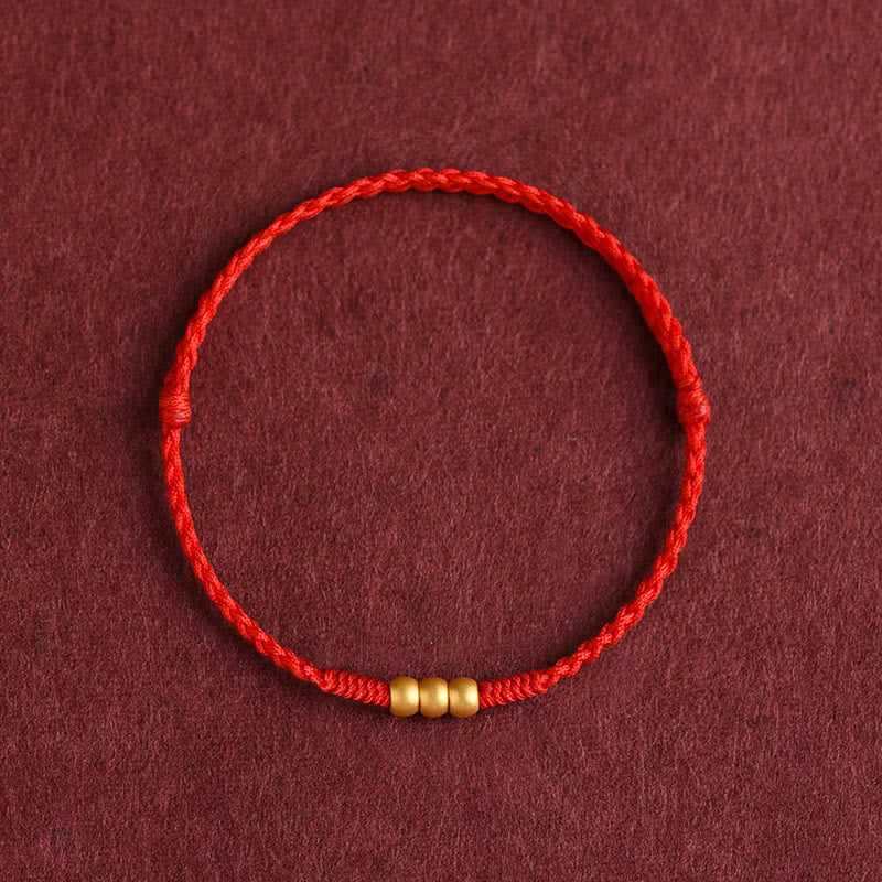 Buddha Stones999ゴールド ミニ 3ビーズデザイン ハンドメイド 幸運ロープブレスレット アンクレット - アンクレット（周囲18～30cm） - 赤 - image 0