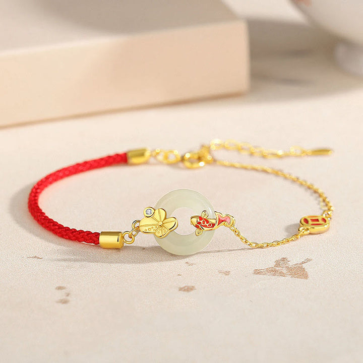 Buddha Stonesハンドメイド925スターリングシルバー和田翡翠中国金魚ピースバックルレッドロープブレスレット