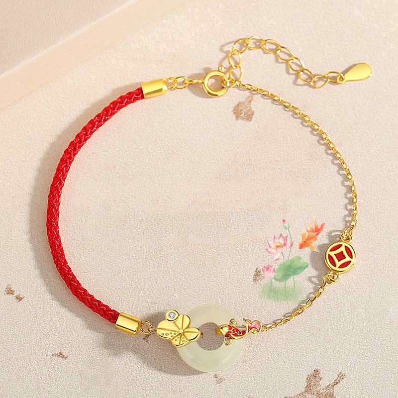 Buddha Stonesハンドメイド925スターリングシルバー和田翡翠中国金魚ピースバックルレッドロープブレスレット