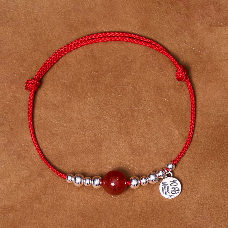 Buddha Stonesハンドメイド 925 スターリングシルバー 福文字 赤瑪瑙幸運繁栄編み込み 極薄 ロープ ブレスレット - 赤色の極細ロープ（手首周り14～20cm） - image 0