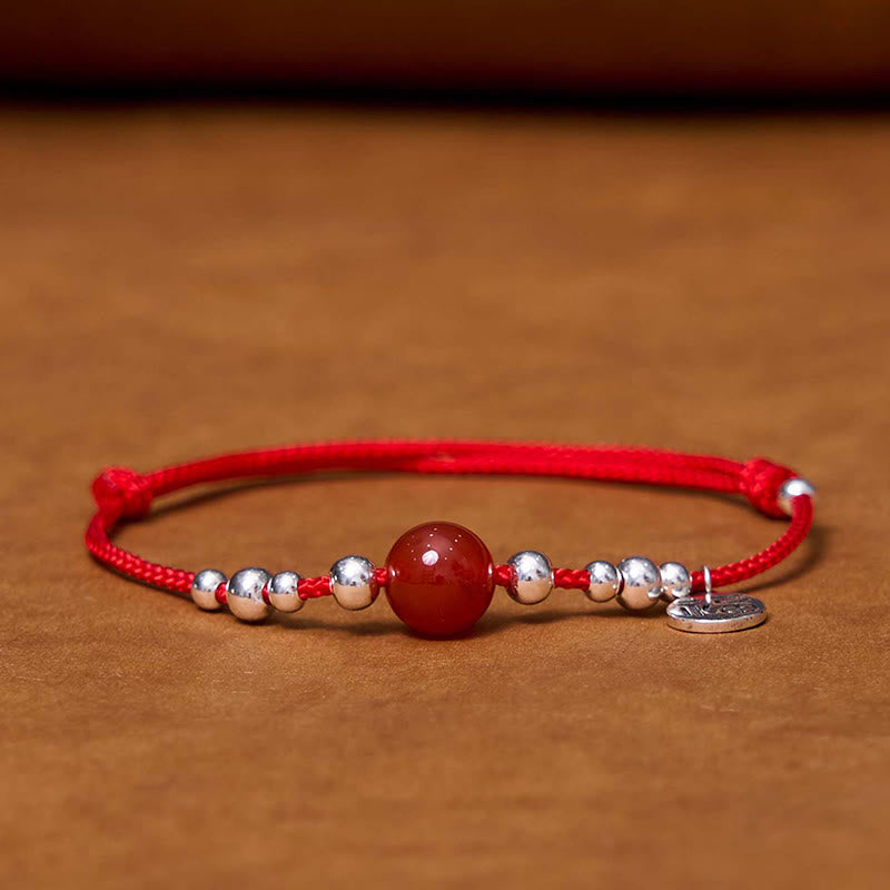 Buddha Stonesハンドメイド 925 スターリングシルバー 福文字 赤瑪瑙幸運繁栄編み込み 極薄 ロープ ブレスレット - image 1