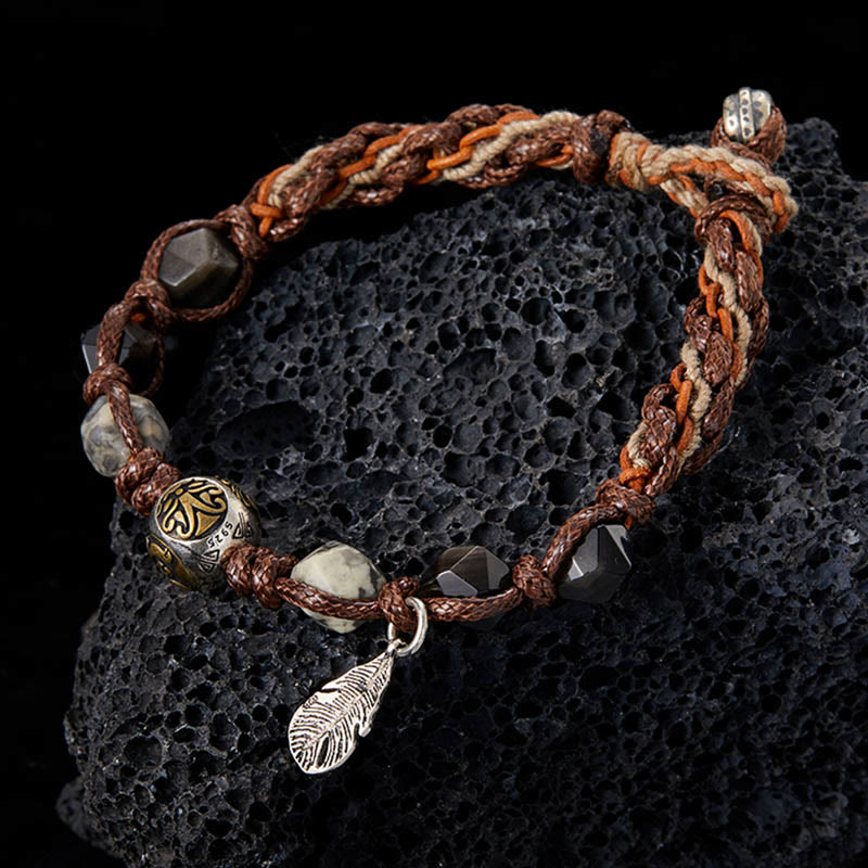 Buddha Stonesレトロ 925 スターリングシルバー シルバーシーン オブシディアン トランスポートロープ ハンドメイド編み込みブレスレット - image 1