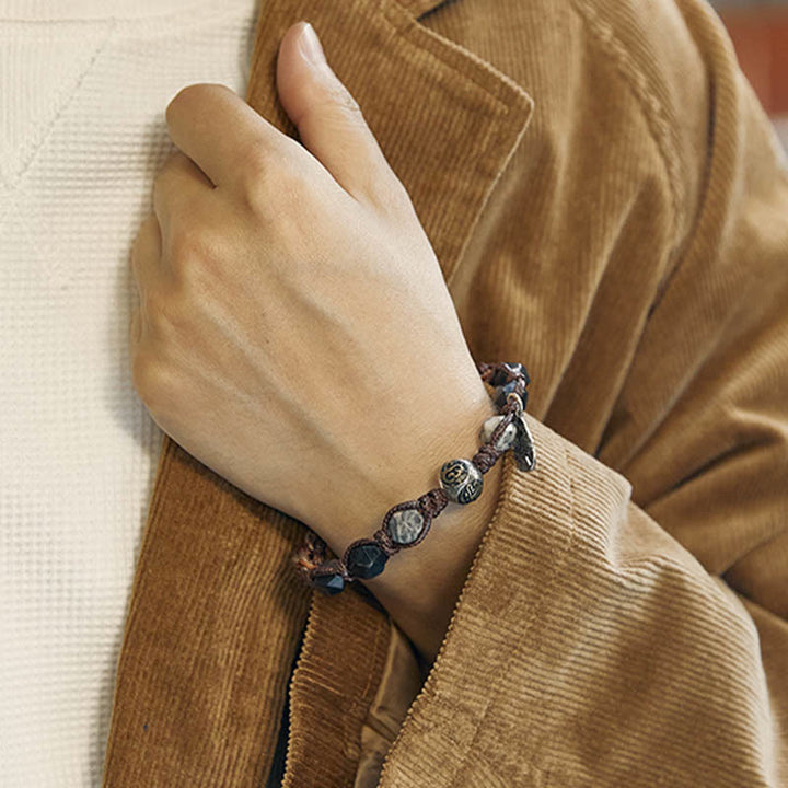 Buddha Stonesレトロ 925 スターリングシルバー シルバーシーン オブシディアン トランスポートロープ ハンドメイド編み込みブレスレット - image 4