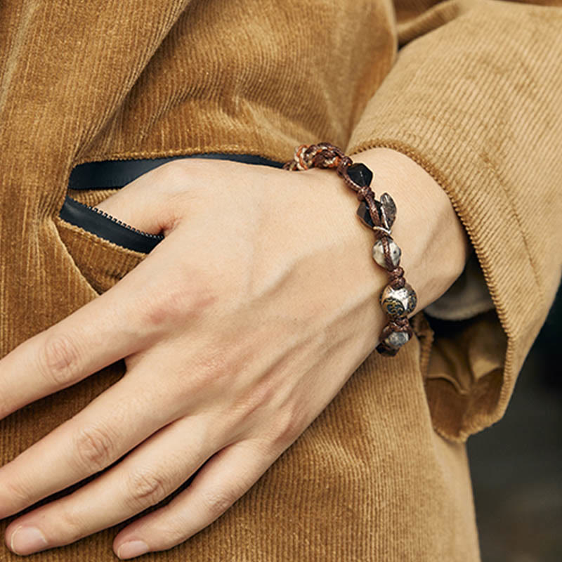 Buddha Stonesレトロ 925 スターリングシルバー シルバーシーン オブシディアン トランスポートロープ ハンドメイド編み込みブレスレット - image 11