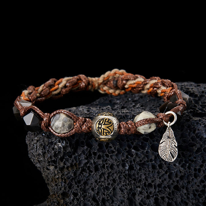 Buddha Stonesレトロ 925 スターリングシルバー シルバーシーン オブシディアン トランスポートロープ ハンドメイド編み込みブレスレット - 手編み（手首周り：16～18cm） - image 0