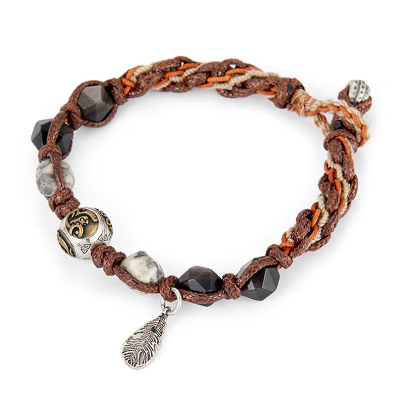 Buddha Stonesレトロ 925 スターリングシルバー シルバーシーン オブシディアン トランスポートロープ ハンドメイド編み込みブレスレット - image 10