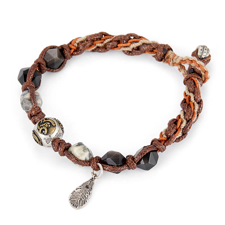 Buddha Stonesレトロ 925 スターリングシルバー シルバーシーン オブシディアン トランスポートロープ ハンドメイド編み込みブレスレット