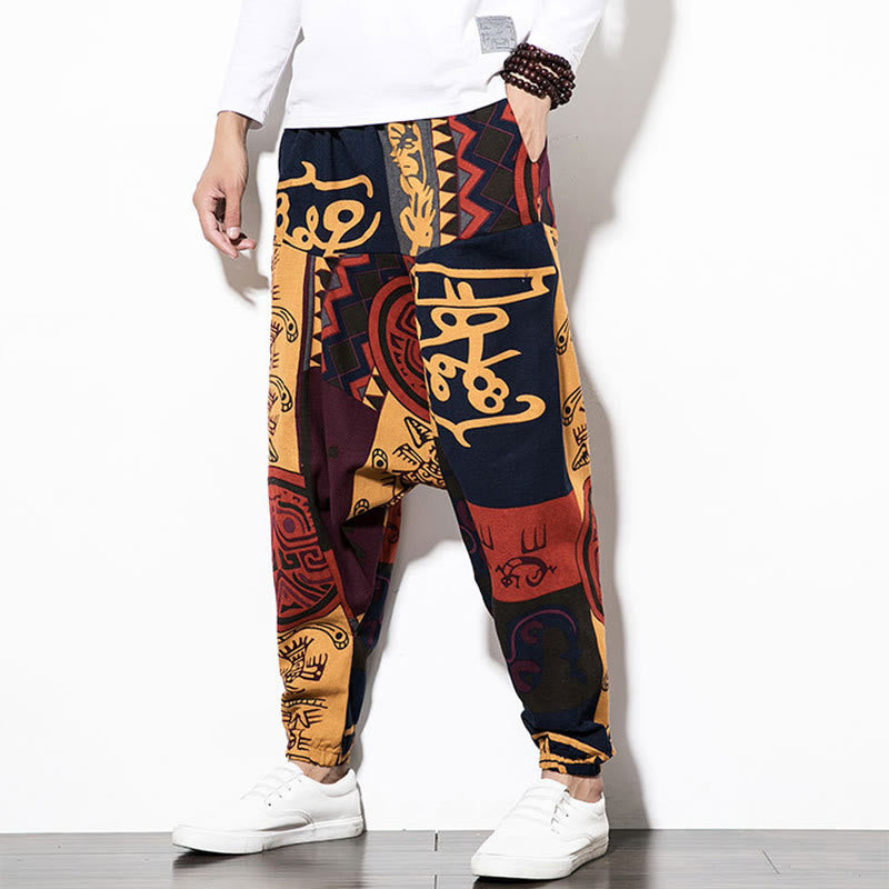 Buddha Stonesレッドブラウン グラフィティ バードプリント メンズ ハーレムパンツ ポケット付き - image 4