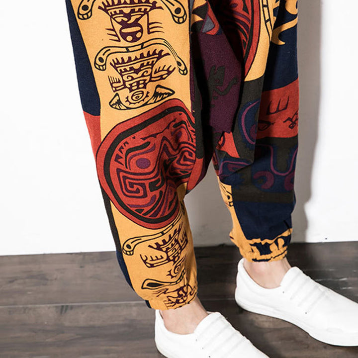 Buddha Stonesレッドブラウン グラフィティ バードプリント メンズ ハーレムパンツ ポケット付き - image 8