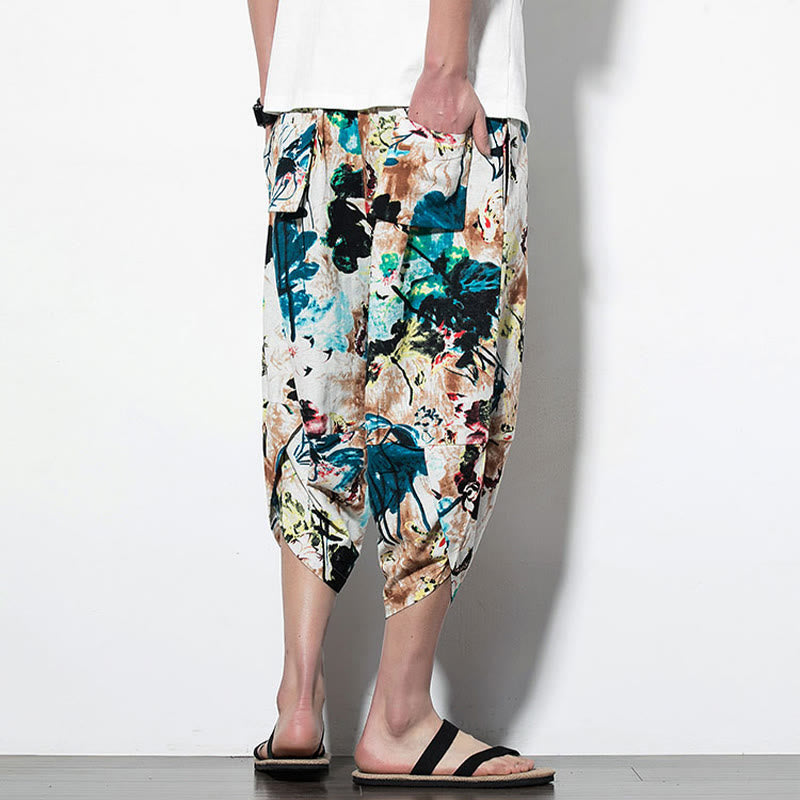 Buddha Stones、花、葉、ブラウン、ブルーの絵画プリント、コットンメンズロング丈クロップドハーレムパンツ（ポケット付き） - image 11