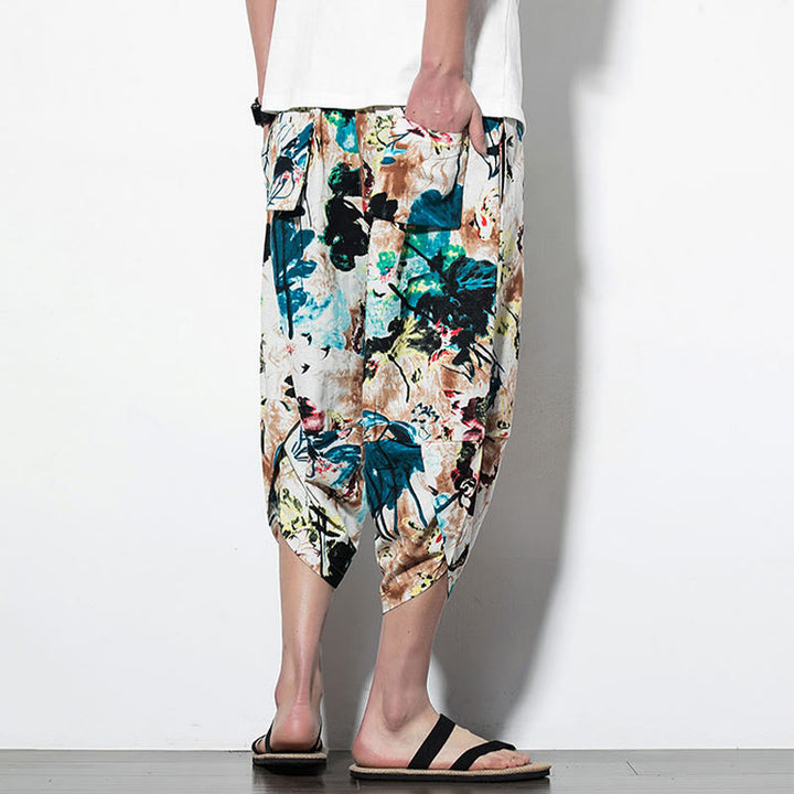 Buddha Stones、花、葉、ブラウン、ブルーの絵画プリント、コットンメンズロング丈クロップドハーレムパンツ（ポケット付き） - image 11