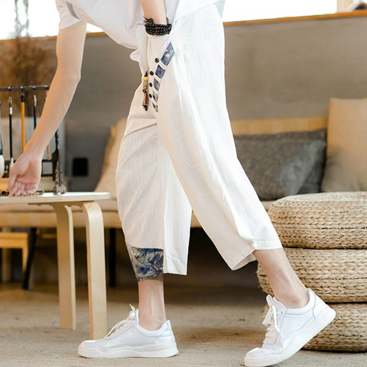 Buddha Stonesパッチワークデザイン ドローストリング コットン メンズ クロップドパンツ ポケット付き - image 4