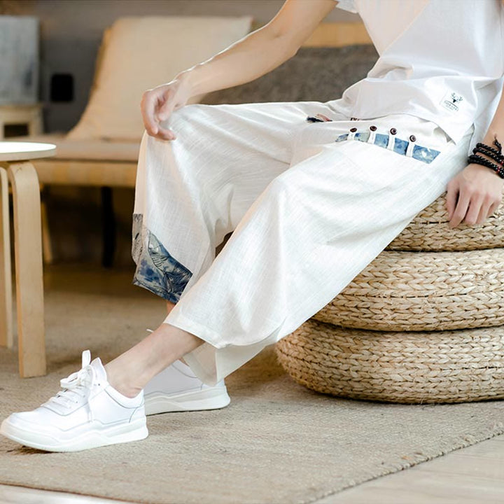 Buddha Stonesパッチワークデザイン ドローストリング コットン メンズ クロップドパンツ ポケット付き - image 5