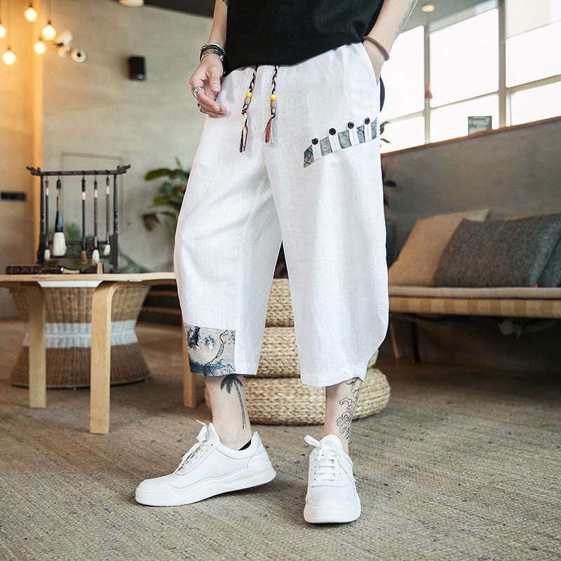 Buddha Stonesパッチワークデザイン ドローストリング コットン メンズ クロップドパンツ ポケット付き - image 7