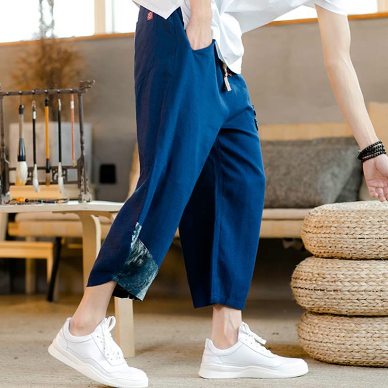 Buddha Stonesパッチワークデザイン ドローストリング コットン メンズ クロップドパンツ ポケット付き - image 11