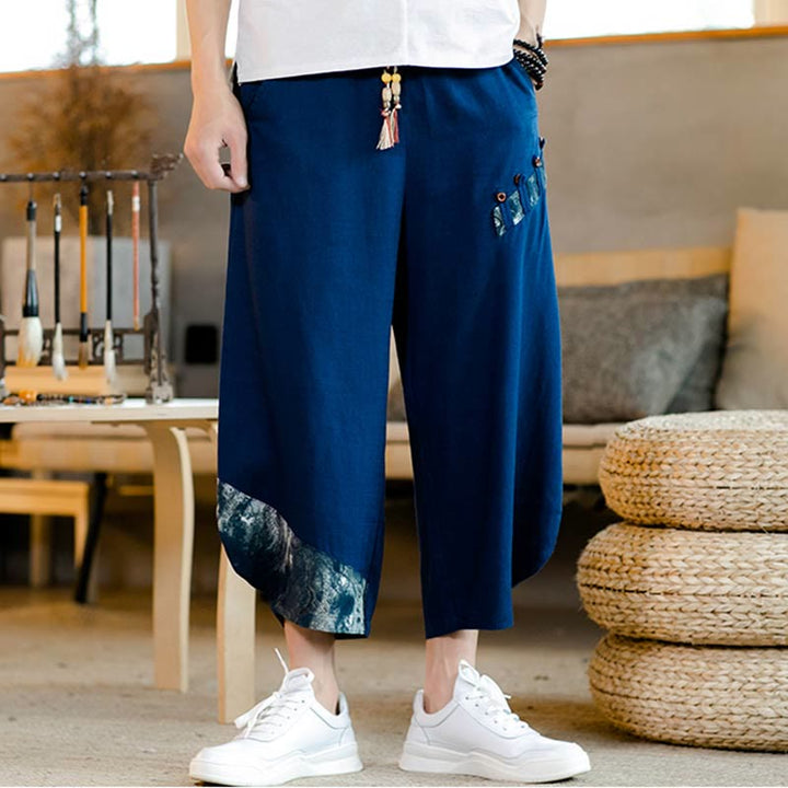 Buddha Stonesパッチワークデザイン ドローストリング コットン メンズ クロップドパンツ ポケット付き - スチールブルー - US/UK/AU46、 EU56 (5XL)  - image 9