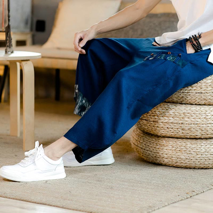 Buddha Stonesパッチワークデザイン ドローストリング コットン メンズ クロップドパンツ ポケット付き - image 13