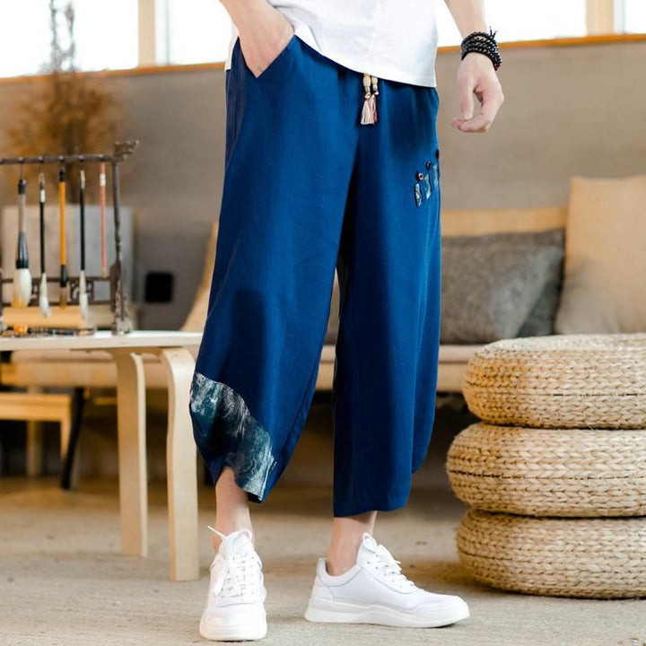 Buddha Stonesパッチワークデザイン ドローストリング コットン メンズ クロップドパンツ ポケット付き - image 10