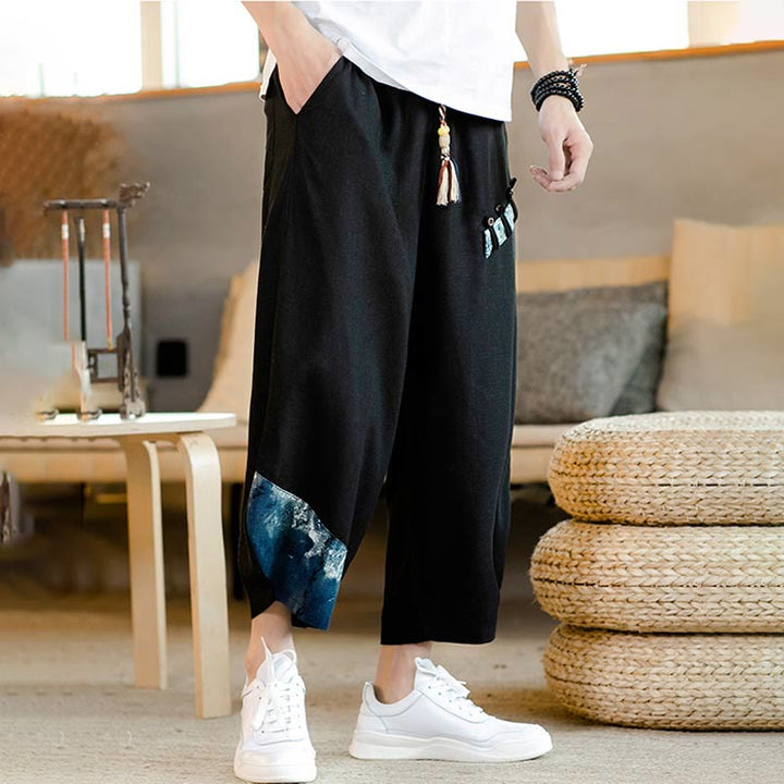 Buddha Stonesパッチワークデザイン ドローストリング コットン メンズ クロップドパンツ ポケット付き - image 16