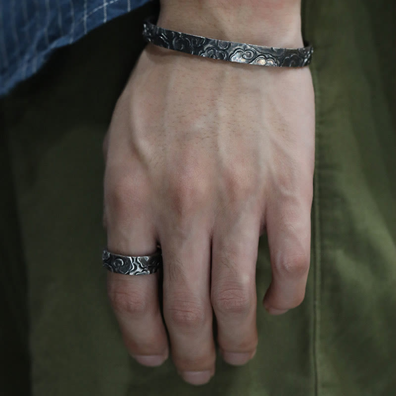 Buddha Stones999 スターリングシルバー 縁起の良い雲 調節可能な保護リング - image 1