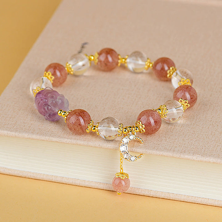 Buddha Stones天然ホワイトストロベリークォーツクリスタル ヒーリングラブ 九尾狐 月ペンダントブレスレット
