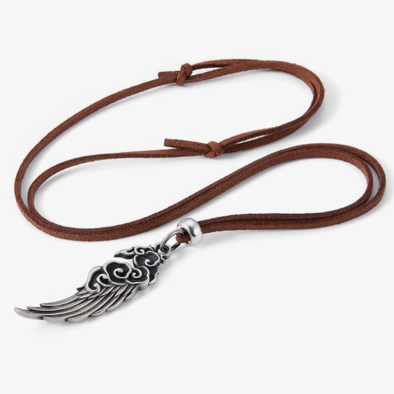 Buddha Stones925スターリングシルバー 縁起の良い雲の翼 コットンロープ 鹿革ロープネックレスペンダント - image 1