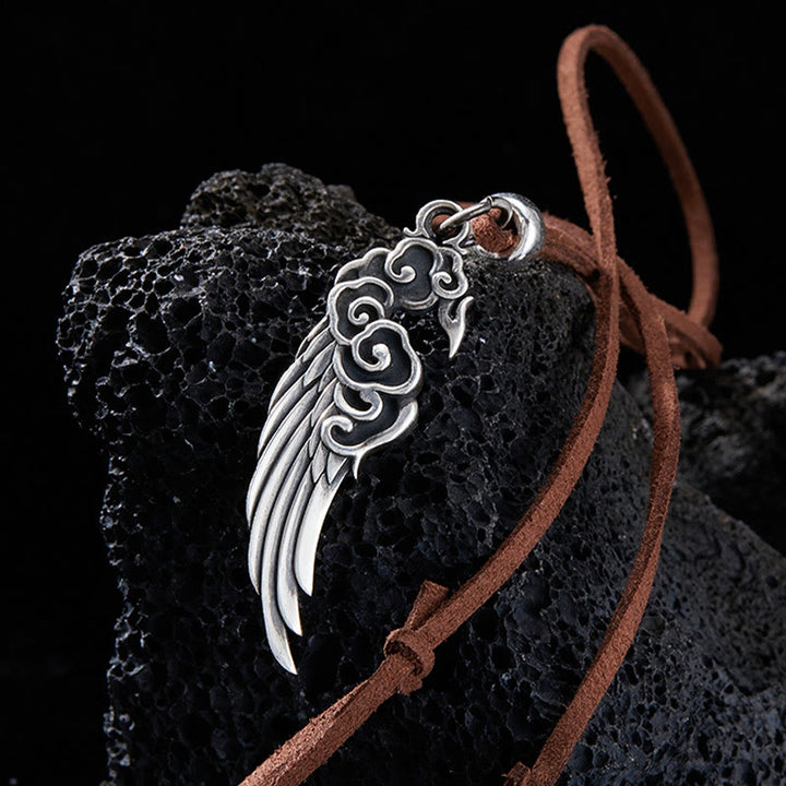 Buddha Stones925スターリングシルバー 縁起の良い雲の翼 コットンロープ 鹿革ロープネックレスペンダント - 鹿革ロープ - image 0