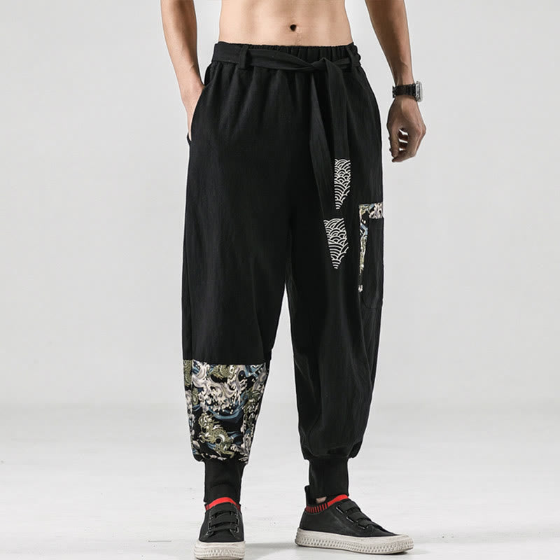 Buddha Stonesと海の波模様のレースアップメンズハーレムパンツ（ポケット付き） - image 7