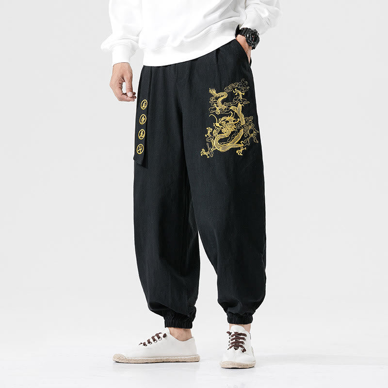 Buddha Stones、吉兆の雲、龍のコットンメンズパンツ（ポケット付き） - 黒 - US/UK/AU46、 EU56 (5XL) - image 0