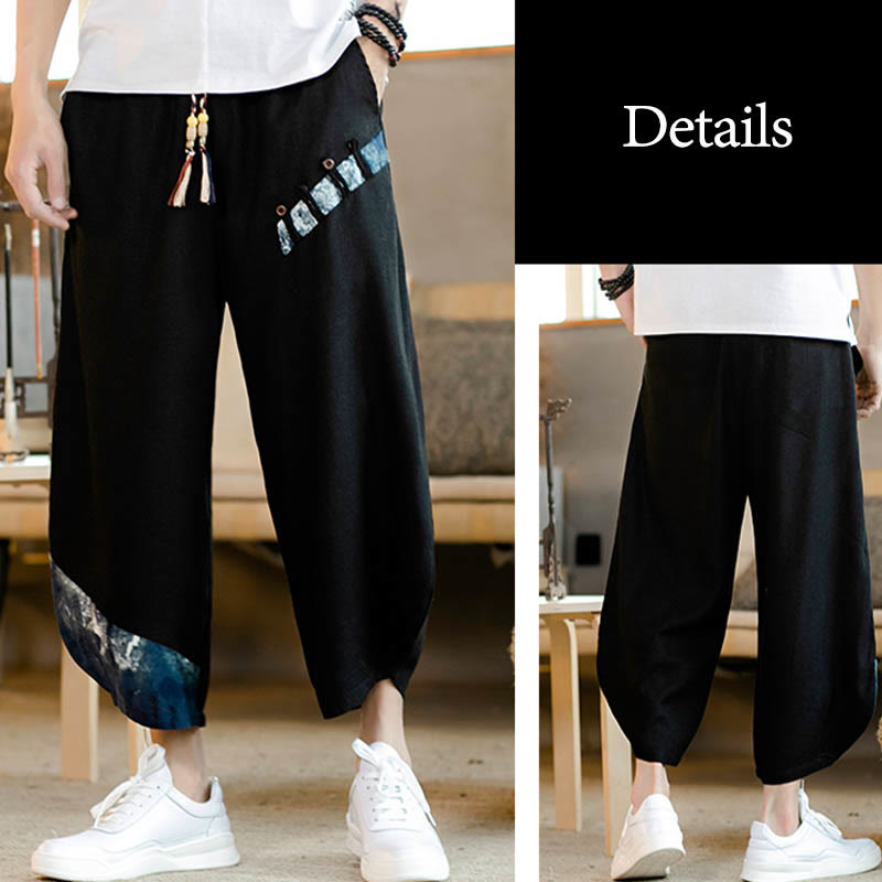 Buddha Stonesパッチワークデザイン ドローストリング コットン メンズ クロップドパンツ ポケット付き - image 20