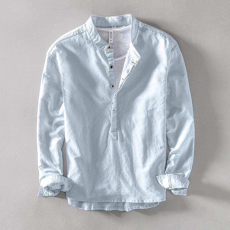 Buddha Stones メンズ コットンリネン 無地 長袖 ハーフボタンシャツ - ライトブルー - US/UK/AU40、 EU50 (2XL) - image 0