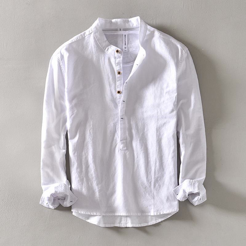 Buddha Stones メンズ コットンリネン 無地 長袖 ハーフボタンシャツ - 白 - US/UK/AU40、 EU50 (2XL) - image 1