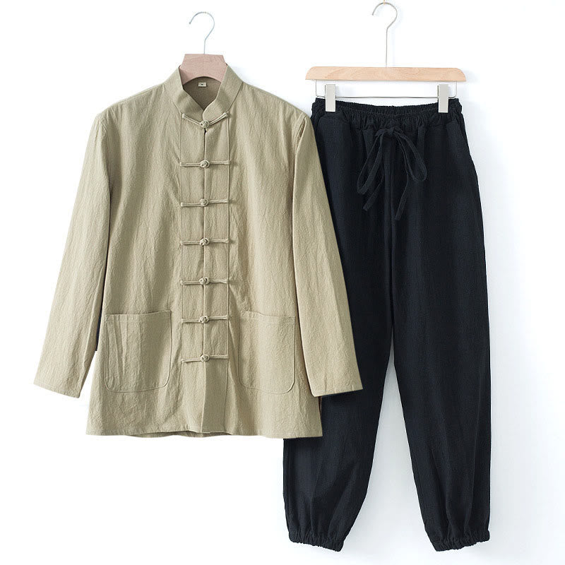 Buddha Stones瞑想カエルボタン唐草長袖シャツパンツメンズスーツ - ベージュのシャツと黒のパンツ - US/UK/AU44、 EU54 (4XL) - image 22