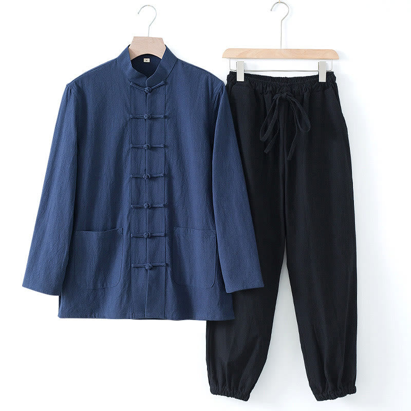 Buddha Stones瞑想カエルボタン唐草長袖シャツパンツメンズスーツ - ダークブルーのシャツと黒のパンツ - US/UK/AU44、 EU54 (4XL) - image 0