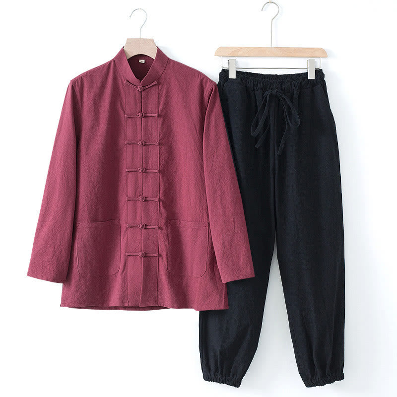 Buddha Stones瞑想カエルボタン唐草長袖シャツパンツメンズスーツ - えんじ色のシャツと黒のパンツ - US/UK/AU44、 EU54 (4XL) - image 23