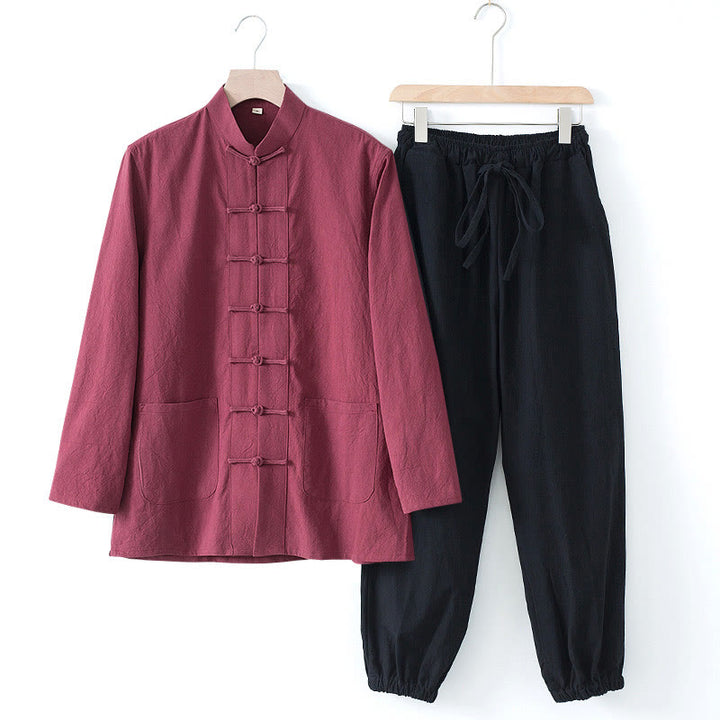 Buddha Stones瞑想カエルボタン唐草長袖シャツパンツメンズスーツ - えんじ色のシャツと黒のパンツ - US/UK/AU44、 EU54 (4XL) - image 23