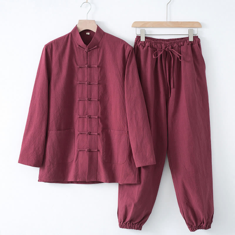Buddha Stones瞑想カエルボタン唐草長袖シャツパンツメンズスーツ - えんじ色のシャツとえんじ色のパンツ - US/UK/AU44、 EU54 (4XL) - image 14