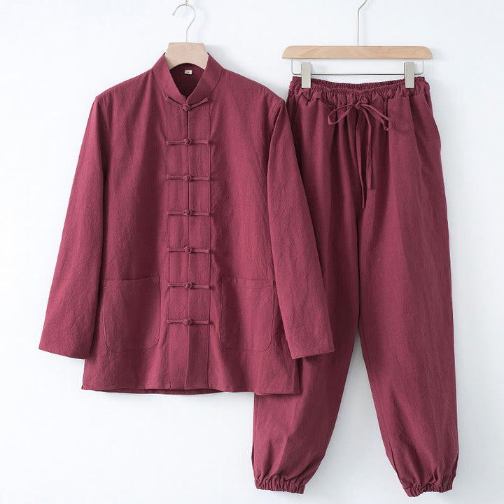 Buddha Stones瞑想カエルボタン唐草長袖シャツパンツメンズスーツ - えんじ色のシャツとえんじ色のパンツ - US/UK/AU44、 EU54 (4XL) - image 14