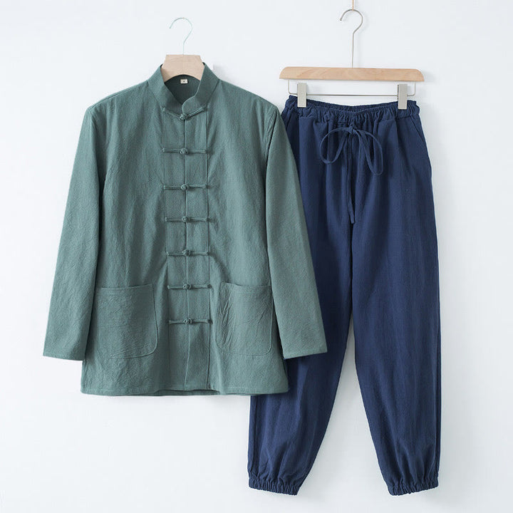 Buddha Stones瞑想カエルボタン唐草長袖シャツパンツメンズスーツ - カデットブルーのシャツとダークブルーのパンツ - US/UK/AU44、 EU54 (4XL) - image 25