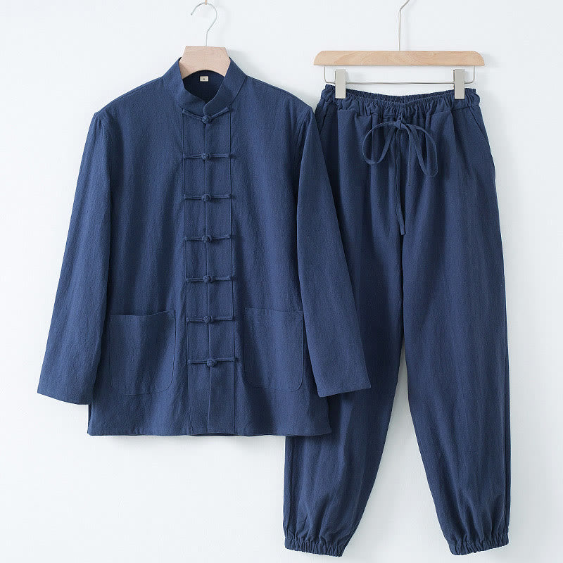 Buddha Stones瞑想カエルボタン唐草長袖シャツパンツメンズスーツ - 濃紺のシャツと濃紺のパンツ - US/UK/AU44、 EU54 (4XL) - image 12